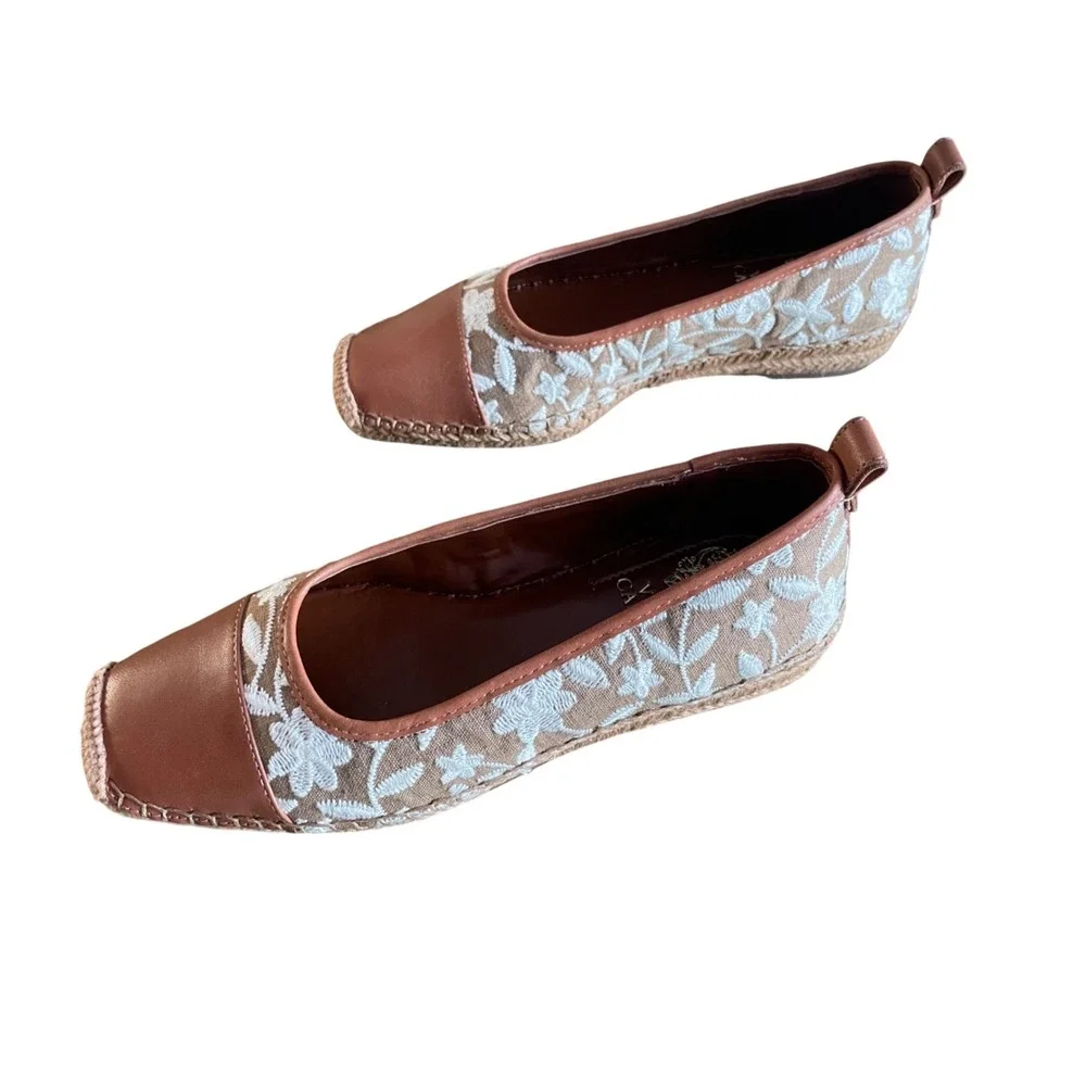 Vince Camuto Women Espadrille Flats Embroidered Floral Square Toe Tan Brown 6.5